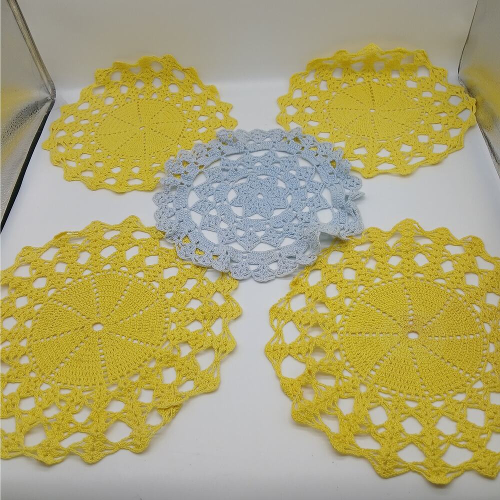 Vintage Handmade Crocheted  Doily Kitchen Round Yellow and Blue Doilies Set of 5